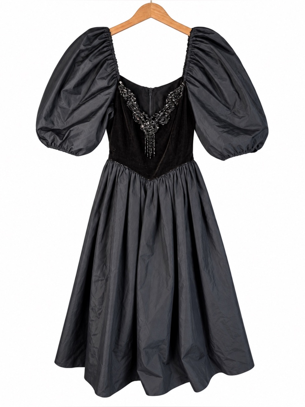 Vintage Roberta Black Taffeta Velvet Beaded Puff Sleeve 1980s Prom Midi Dress 11